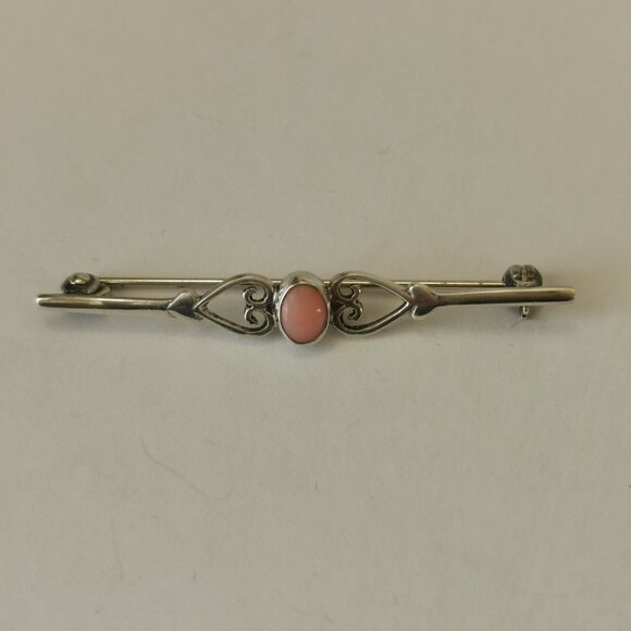 English Silver Vintage Double Heart Design Coral Stone Bar Brooch - Picture 4 of 10